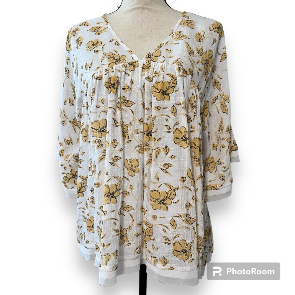 BaeVely size large baby doll top feeling vibrant white with gold floral design